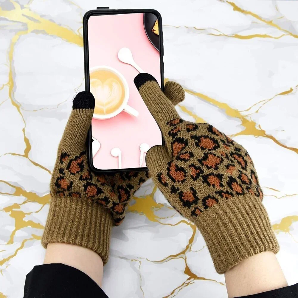Leopard Print Winter Hat Gloves Scarf Set Womens Teen Warm Plush Acrylic